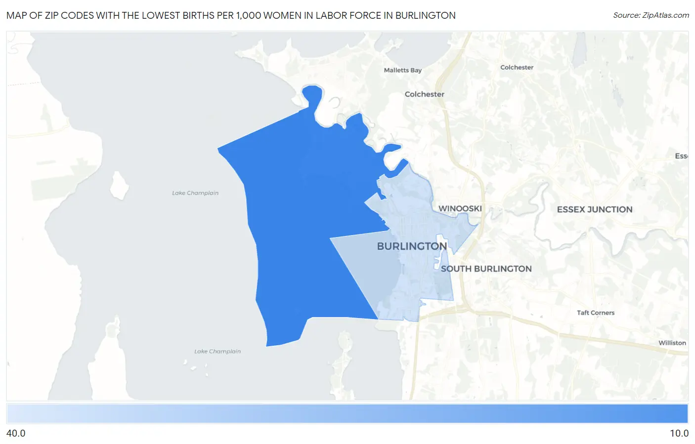 Zip Codes with the Lowest Births per 1,000 Women in Labor Force in Burlington Map
