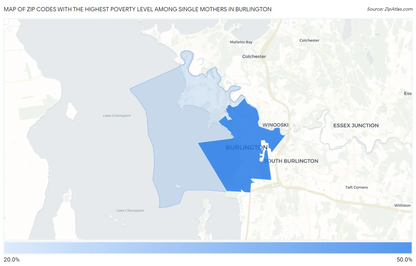 Zip Codes with the Highest Poverty Level Among Single Mothers in Burlington Map