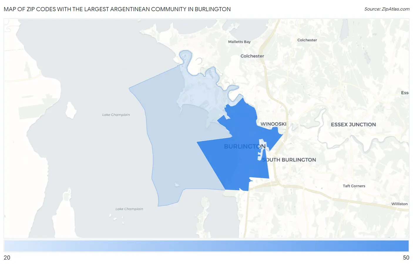 Zip Codes with the Largest Argentinean Community in Burlington Map