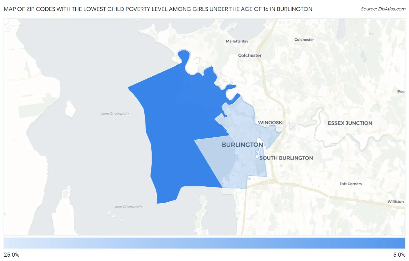 Zip Codes with the Lowest Child Poverty Level Among Girls Under the Age of 16 in Burlington Map
