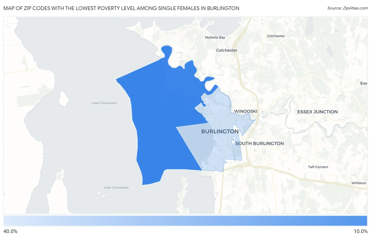 Zip Codes with the Lowest Poverty Level Among Single Females in Burlington Map