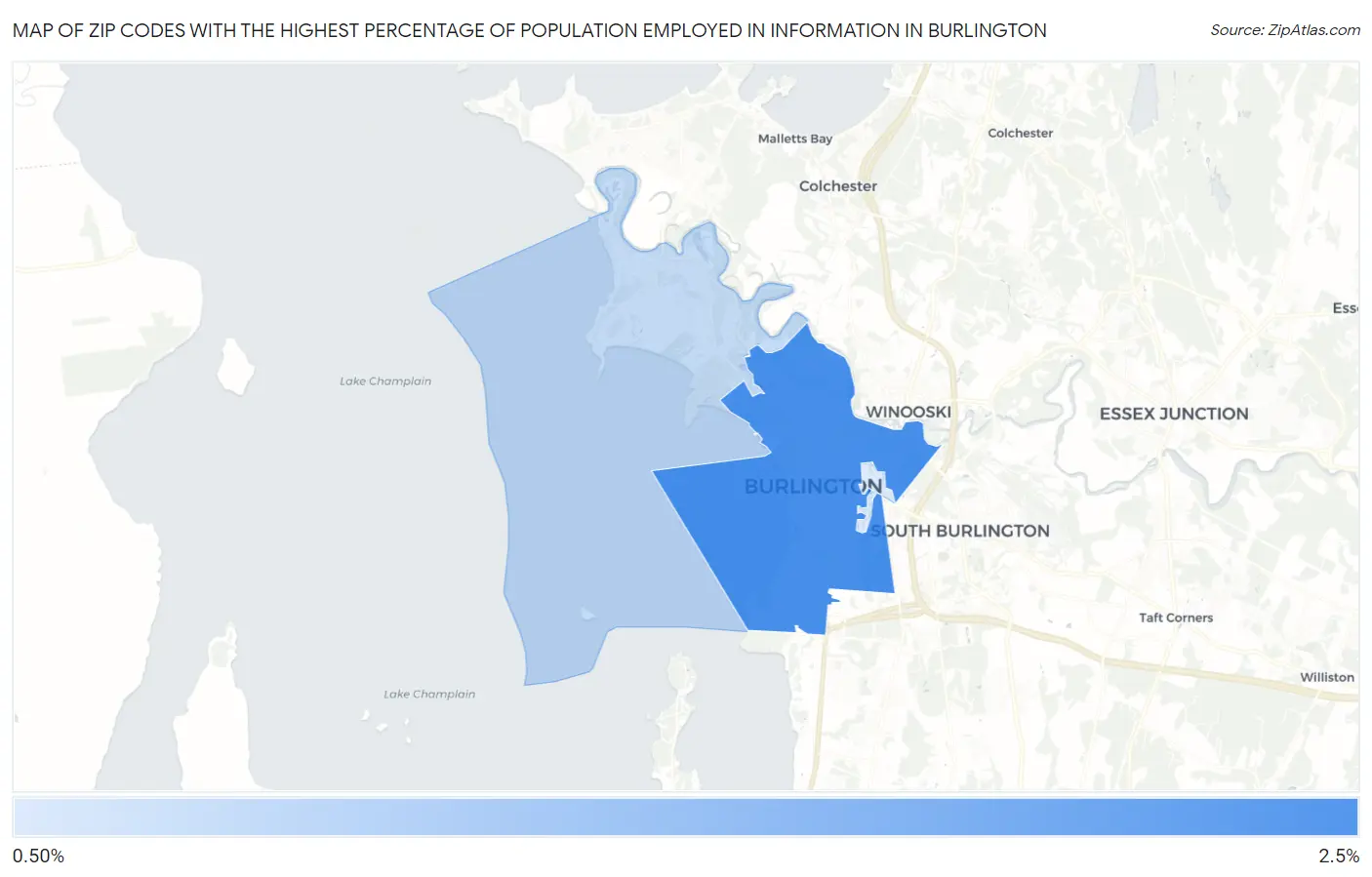 Zip Codes with the Highest Percentage of Population Employed in Information in Burlington Map