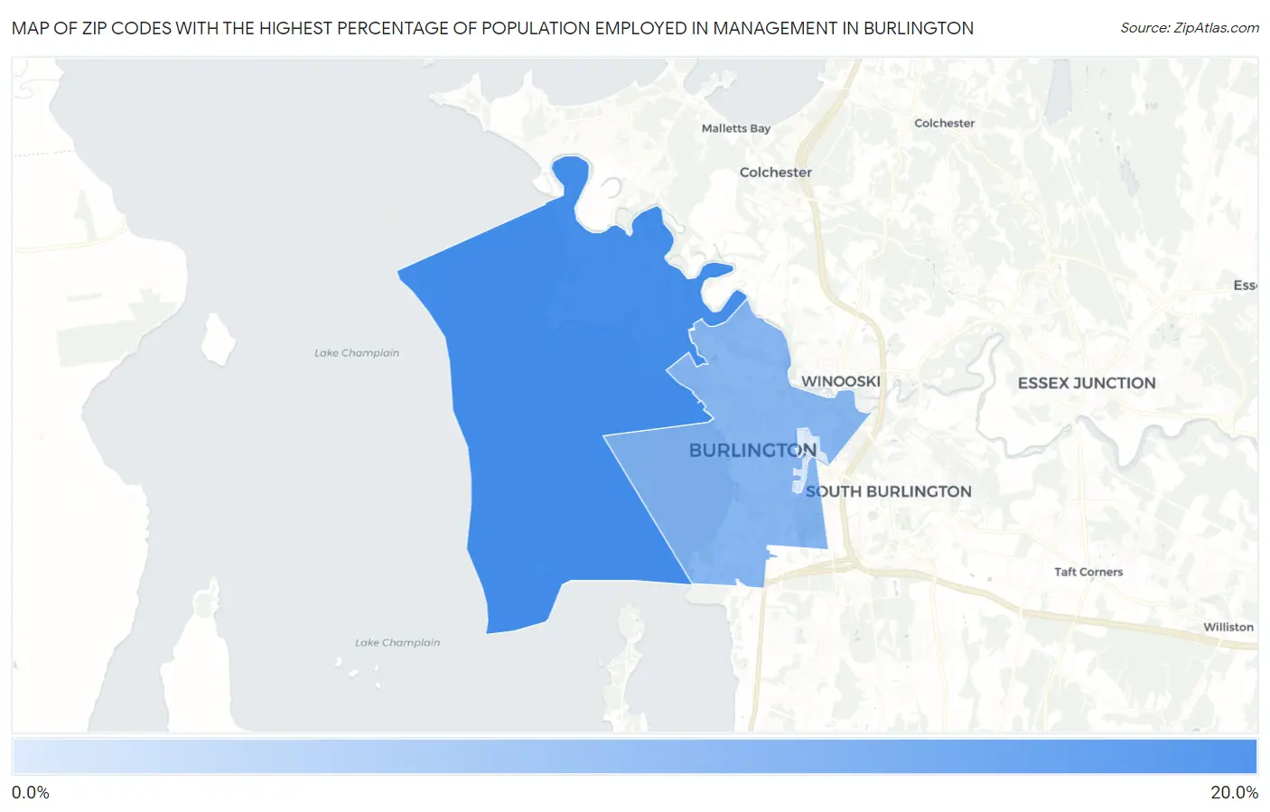 Zip Codes with the Highest Percentage of Population Employed in Management in Burlington Map