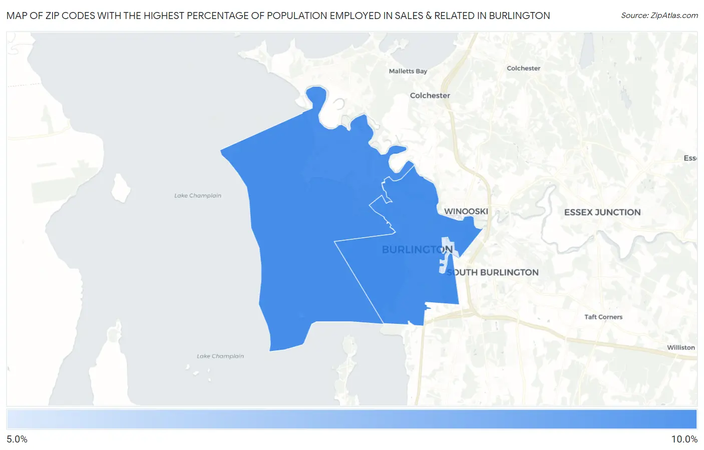 Zip Codes with the Highest Percentage of Population Employed in Sales & Related in Burlington Map
