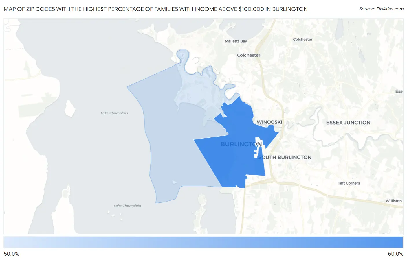 Zip Codes with the Highest Percentage of Families with Income Above $100,000 in Burlington Map