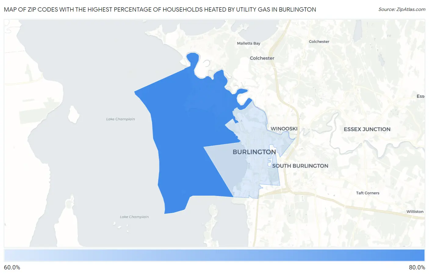 Zip Codes with the Highest Percentage of Households Heated by Utility Gas in Burlington Map
