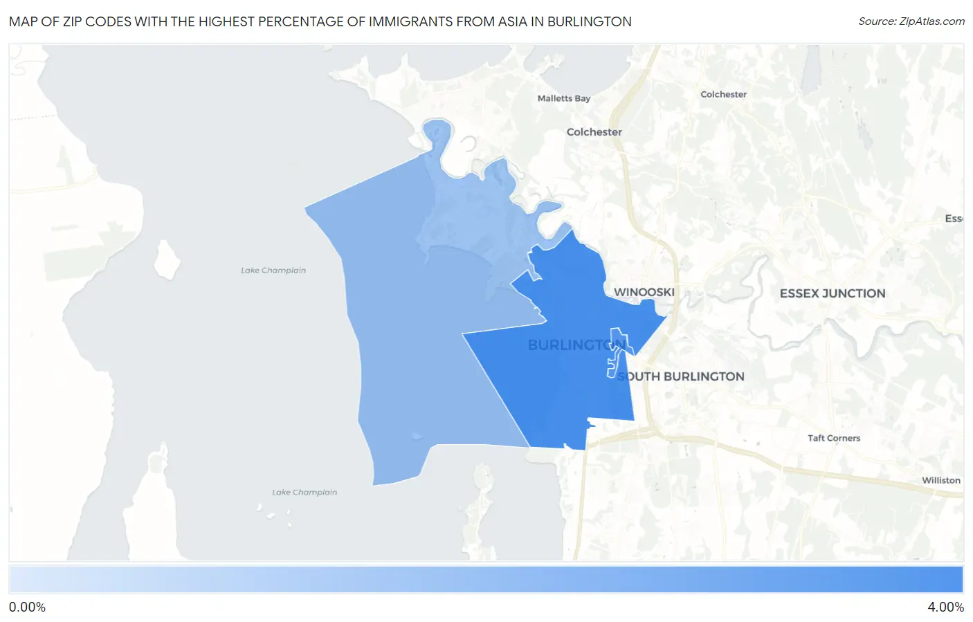 Zip Codes with the Highest Percentage of Immigrants from Asia in Burlington Map