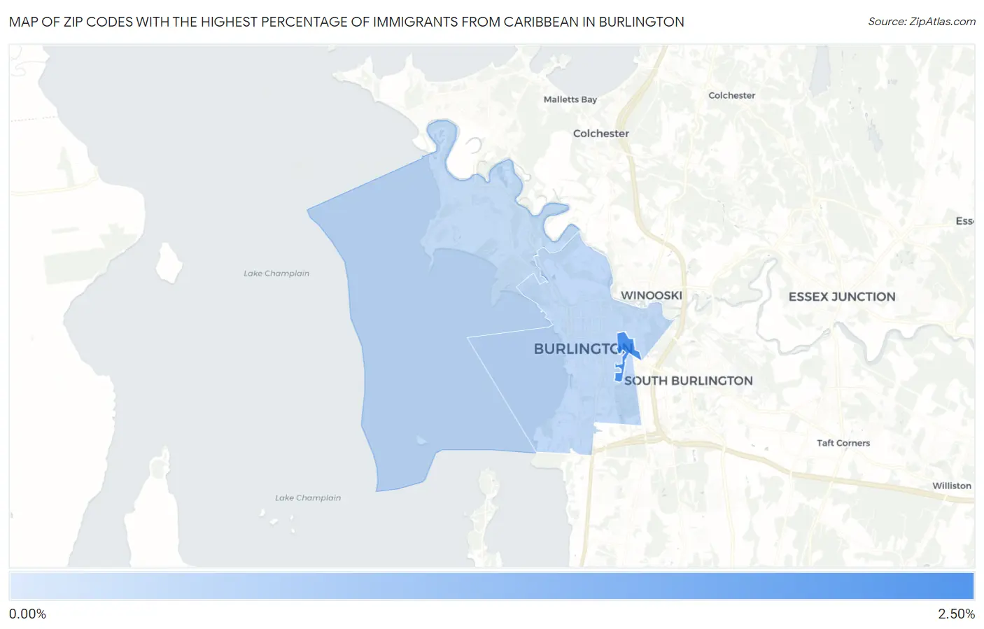Zip Codes with the Highest Percentage of Immigrants from Caribbean in Burlington Map