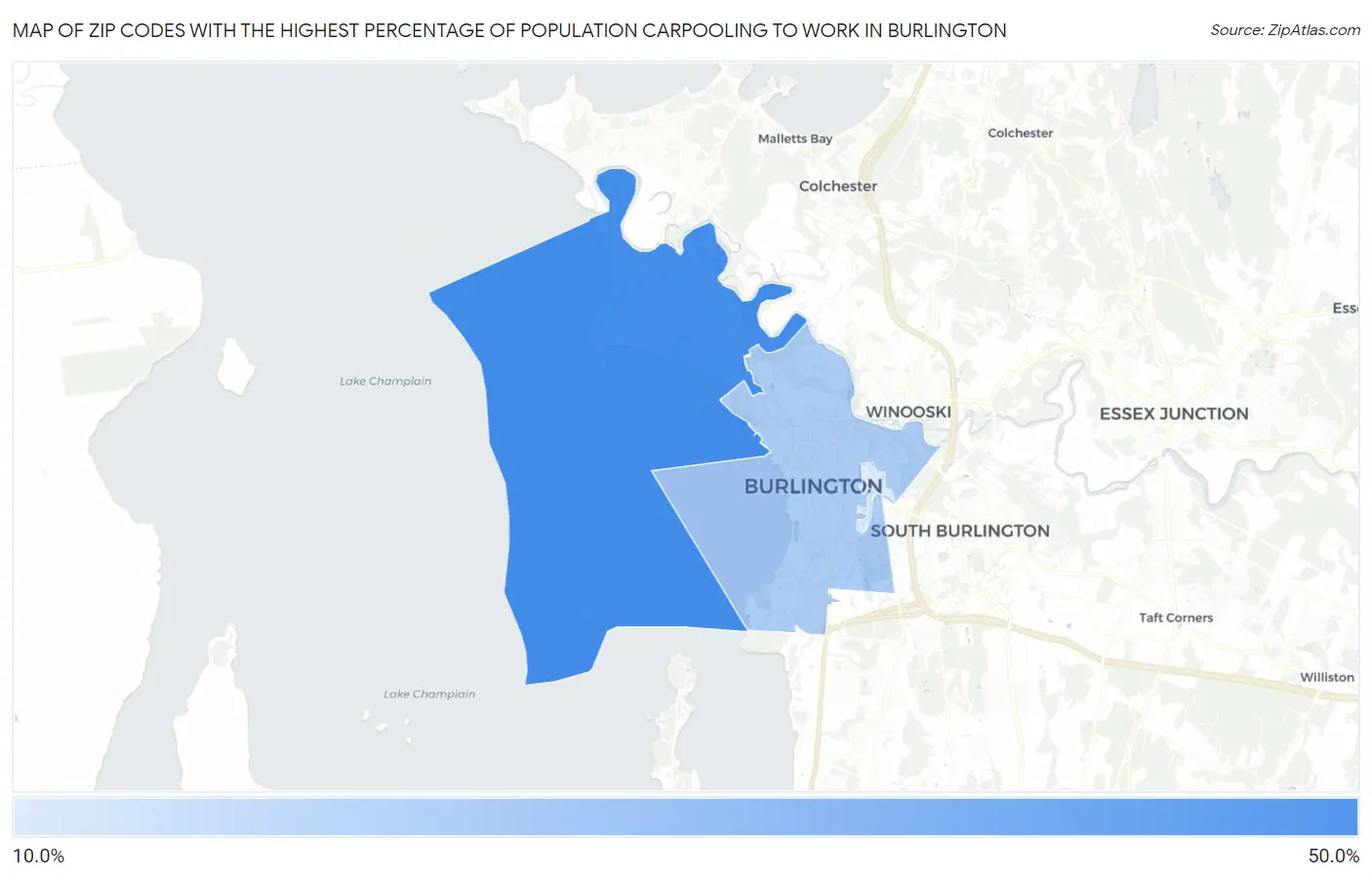 Zip Codes with the Highest Percentage of Population Carpooling to Work in Burlington Map