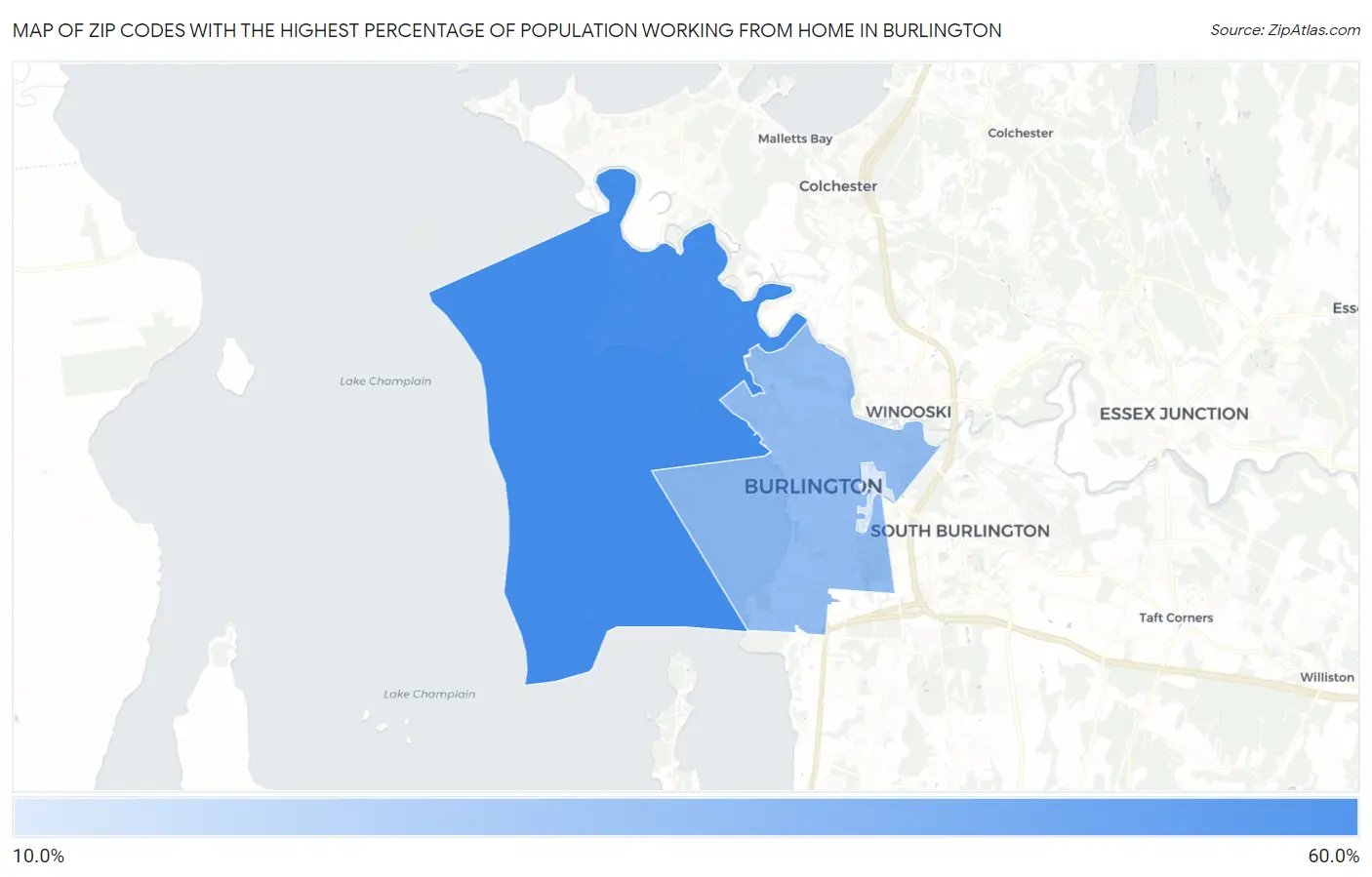 Zip Codes with the Highest Percentage of Population Working from Home in Burlington Map