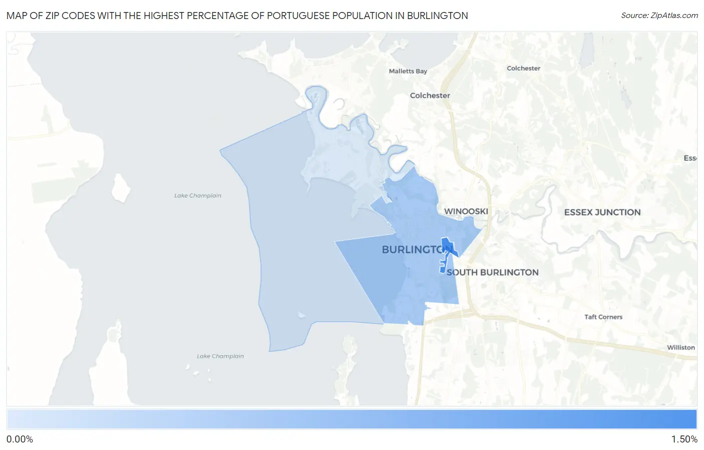 Zip Codes with the Highest Percentage of Portuguese Population in Burlington Map