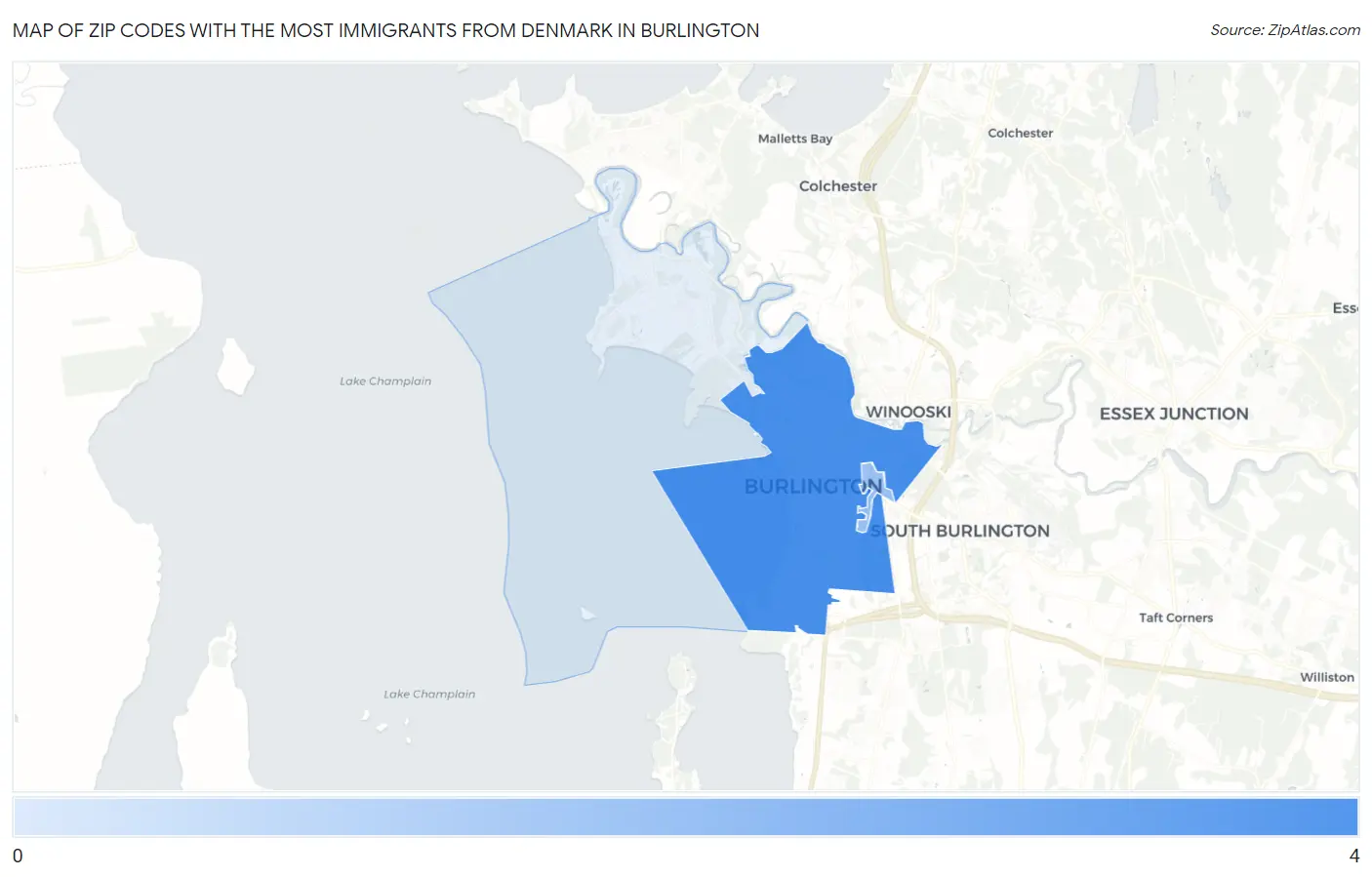 Zip Codes with the Most Immigrants from Denmark in Burlington Map
