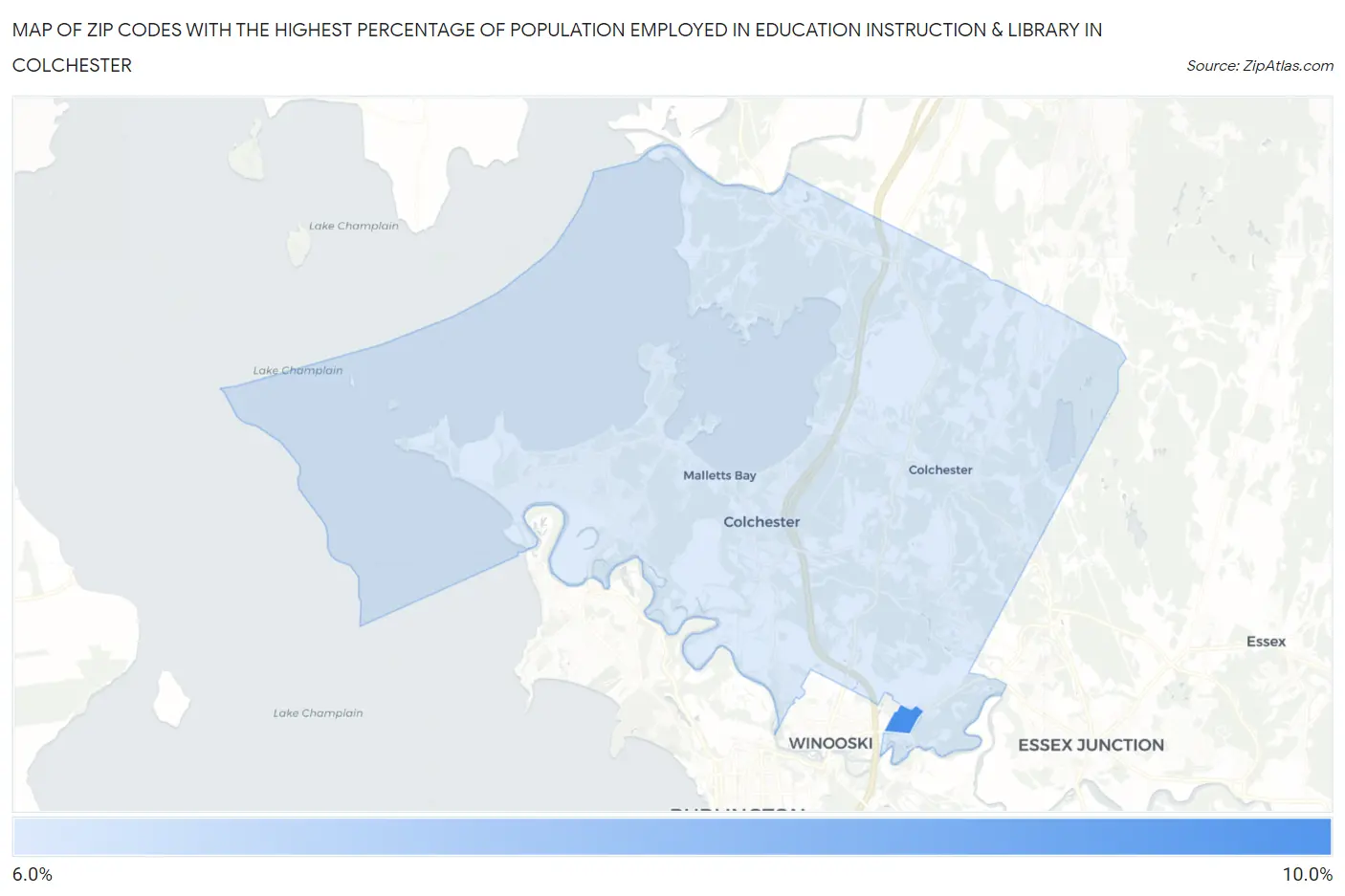 Zip Codes with the Highest Percentage of Population Employed in Education Instruction & Library in Colchester Map