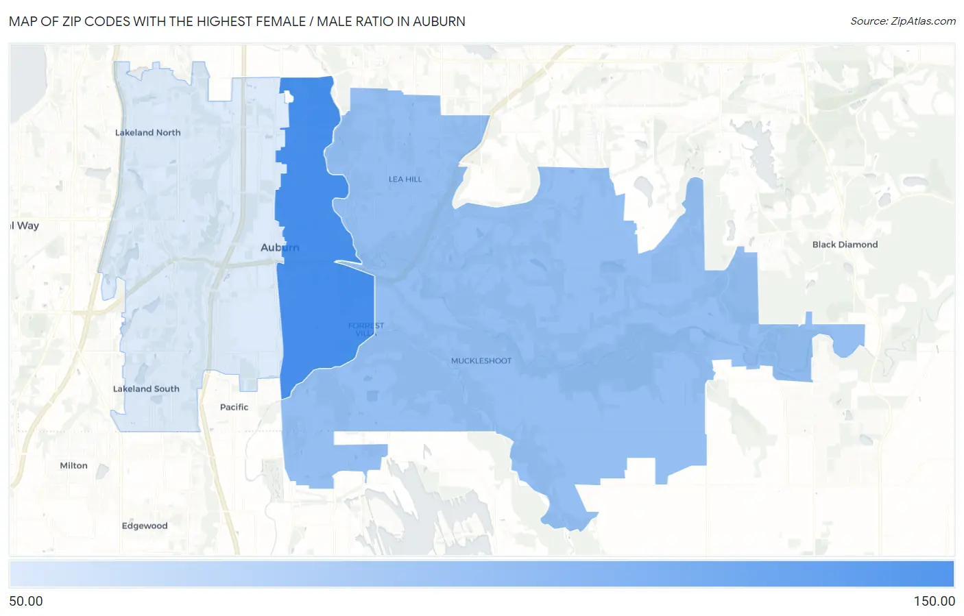 Zip Codes with the Highest Female / Male Ratio in Auburn Map