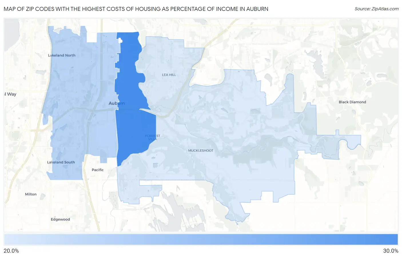Zip Codes with the Highest Costs of Housing as Percentage of Income in Auburn Map