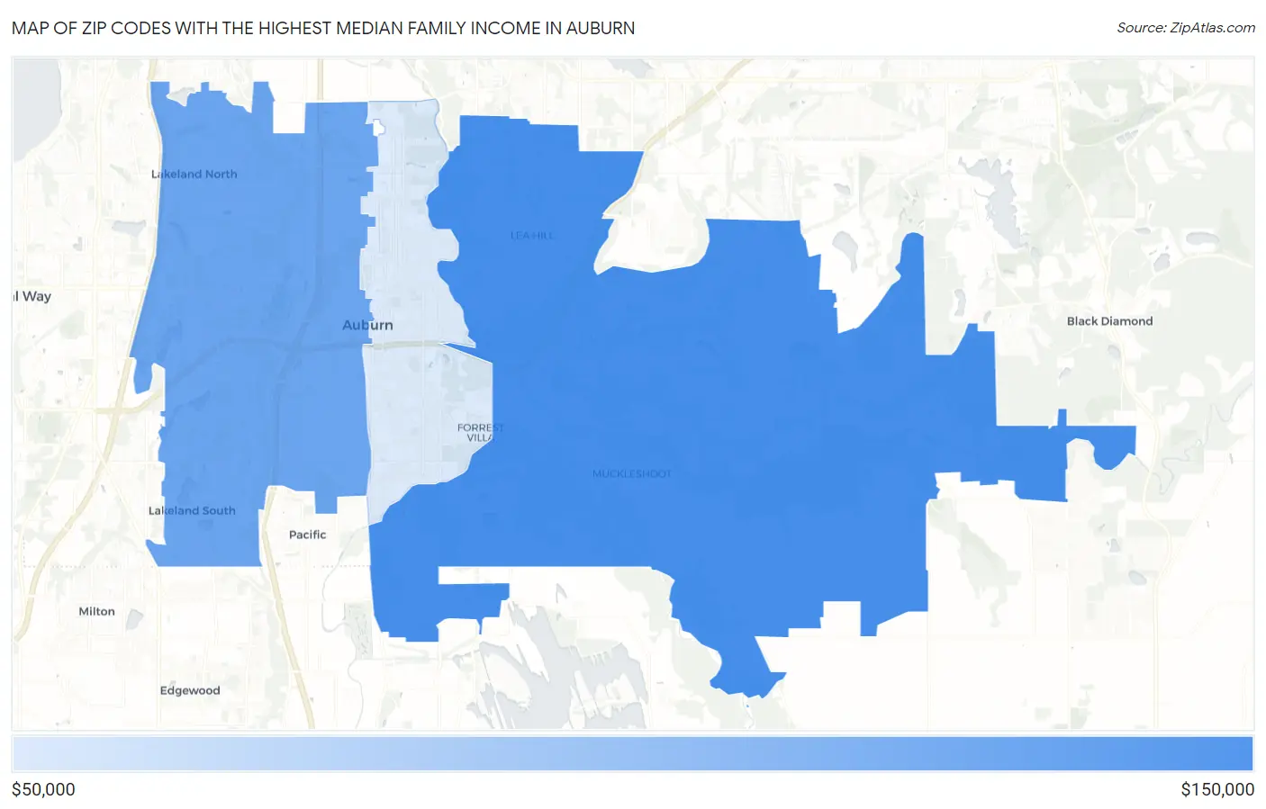 Zip Codes with the Highest Median Family Income in Auburn Map