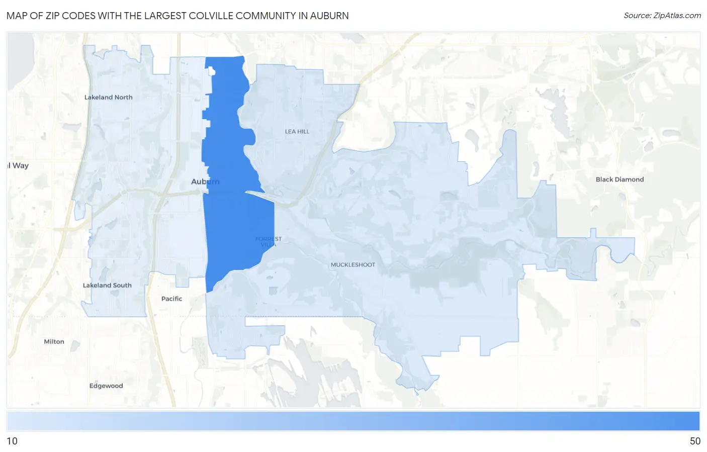 Zip Codes with the Largest Colville Community in Auburn Map