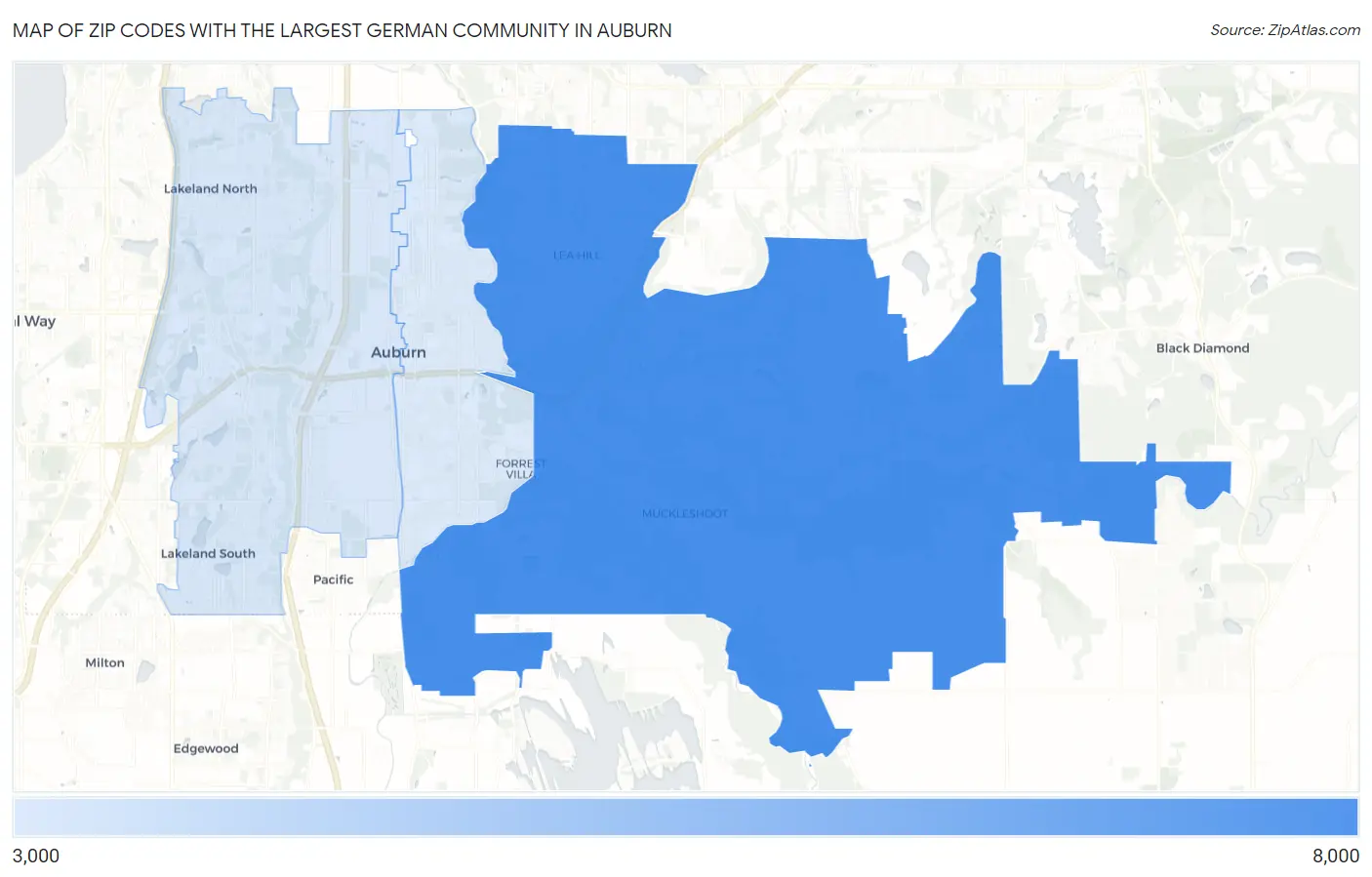 Zip Codes with the Largest German Community in Auburn Map