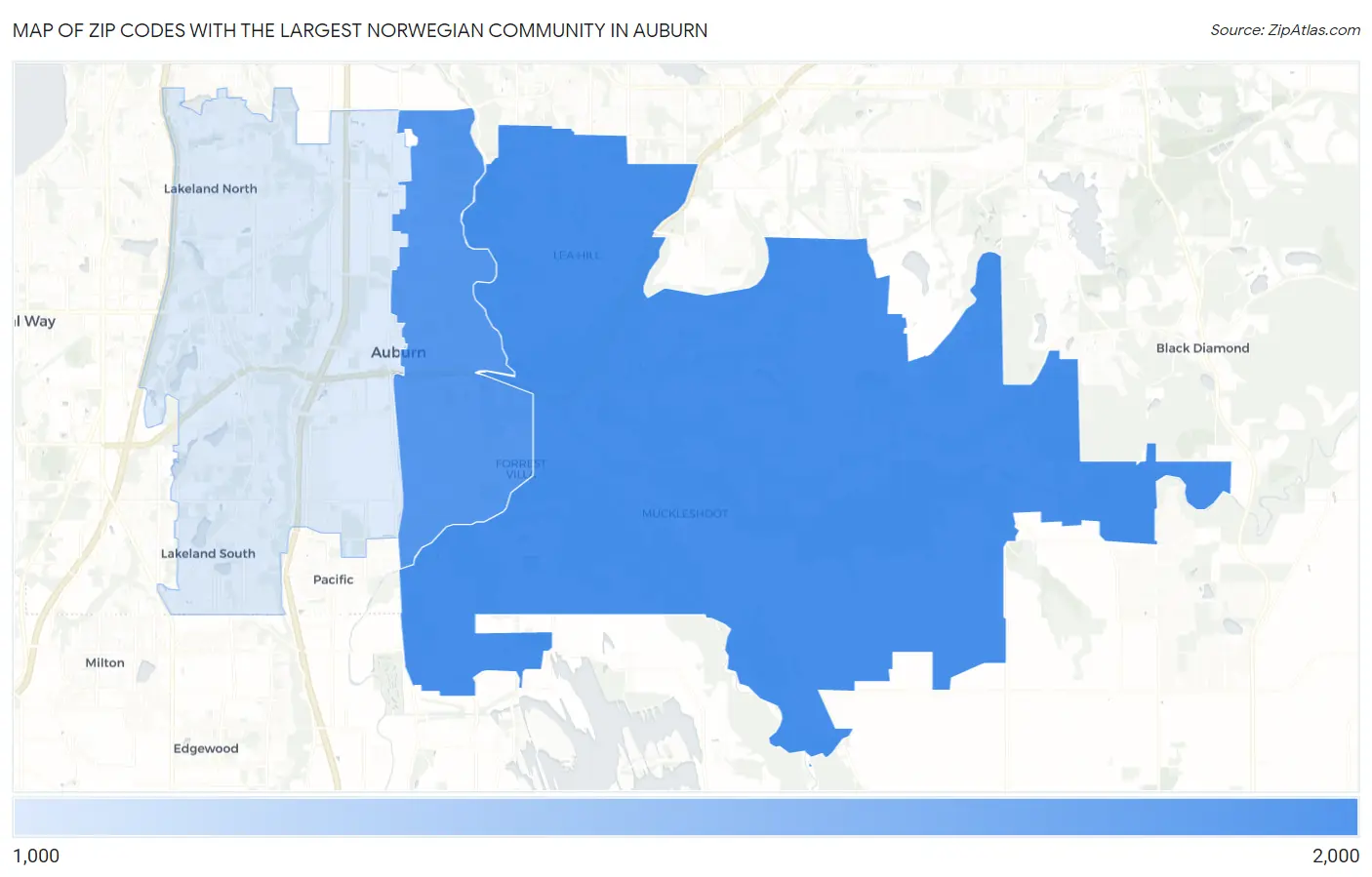 Zip Codes with the Largest Norwegian Community in Auburn Map