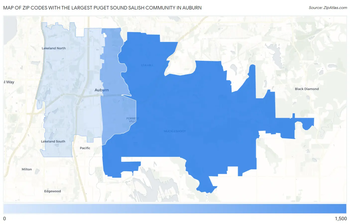 Zip Codes with the Largest Puget Sound Salish Community in Auburn Map
