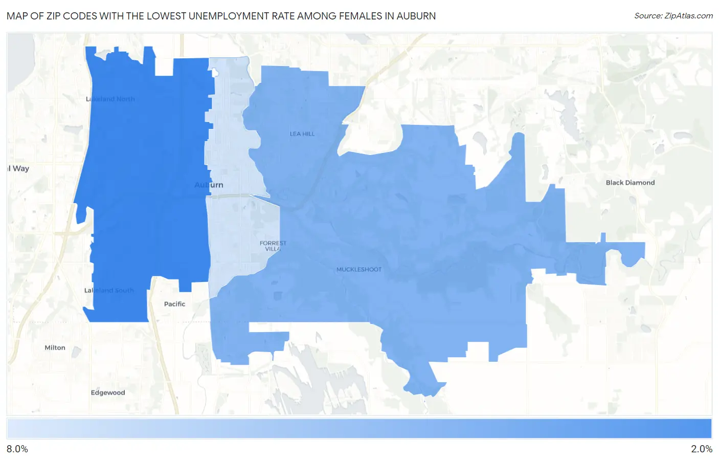 Zip Codes with the Lowest Unemployment Rate Among Females in Auburn Map