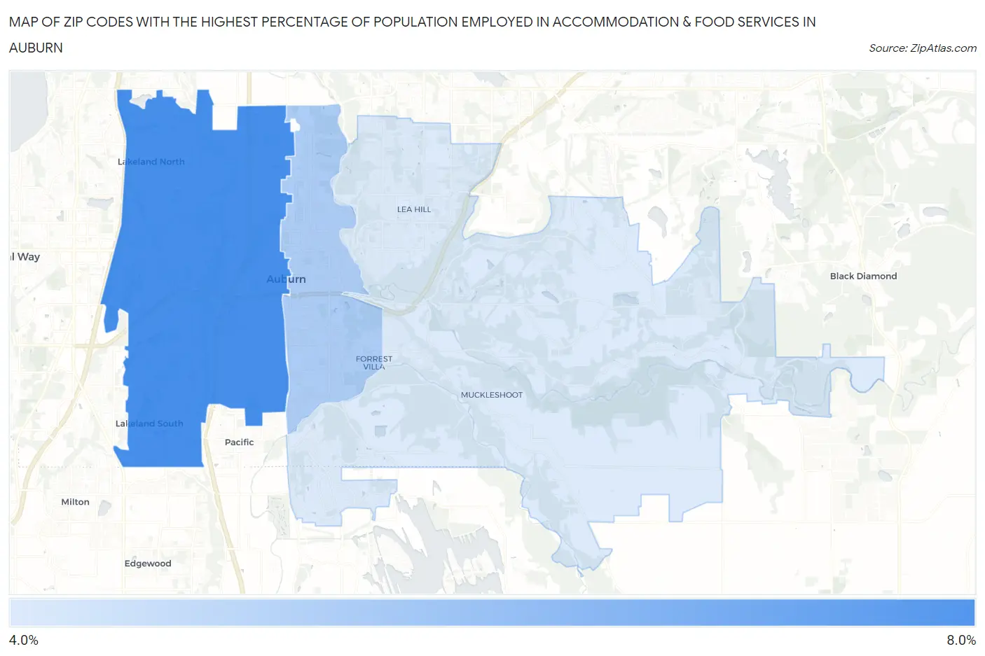 Zip Codes with the Highest Percentage of Population Employed in Accommodation & Food Services in Auburn Map