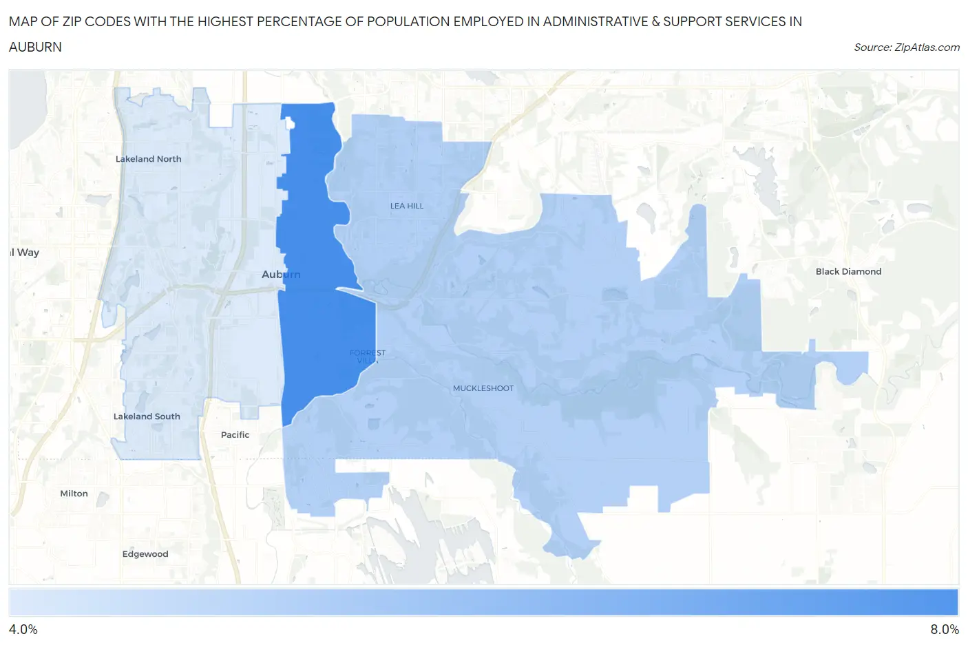 Zip Codes with the Highest Percentage of Population Employed in Administrative & Support Services in Auburn Map