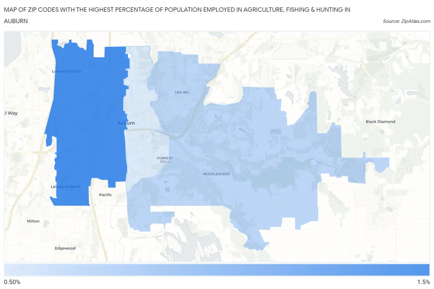 Zip Codes with the Highest Percentage of Population Employed in Agriculture, Fishing & Hunting in Auburn Map