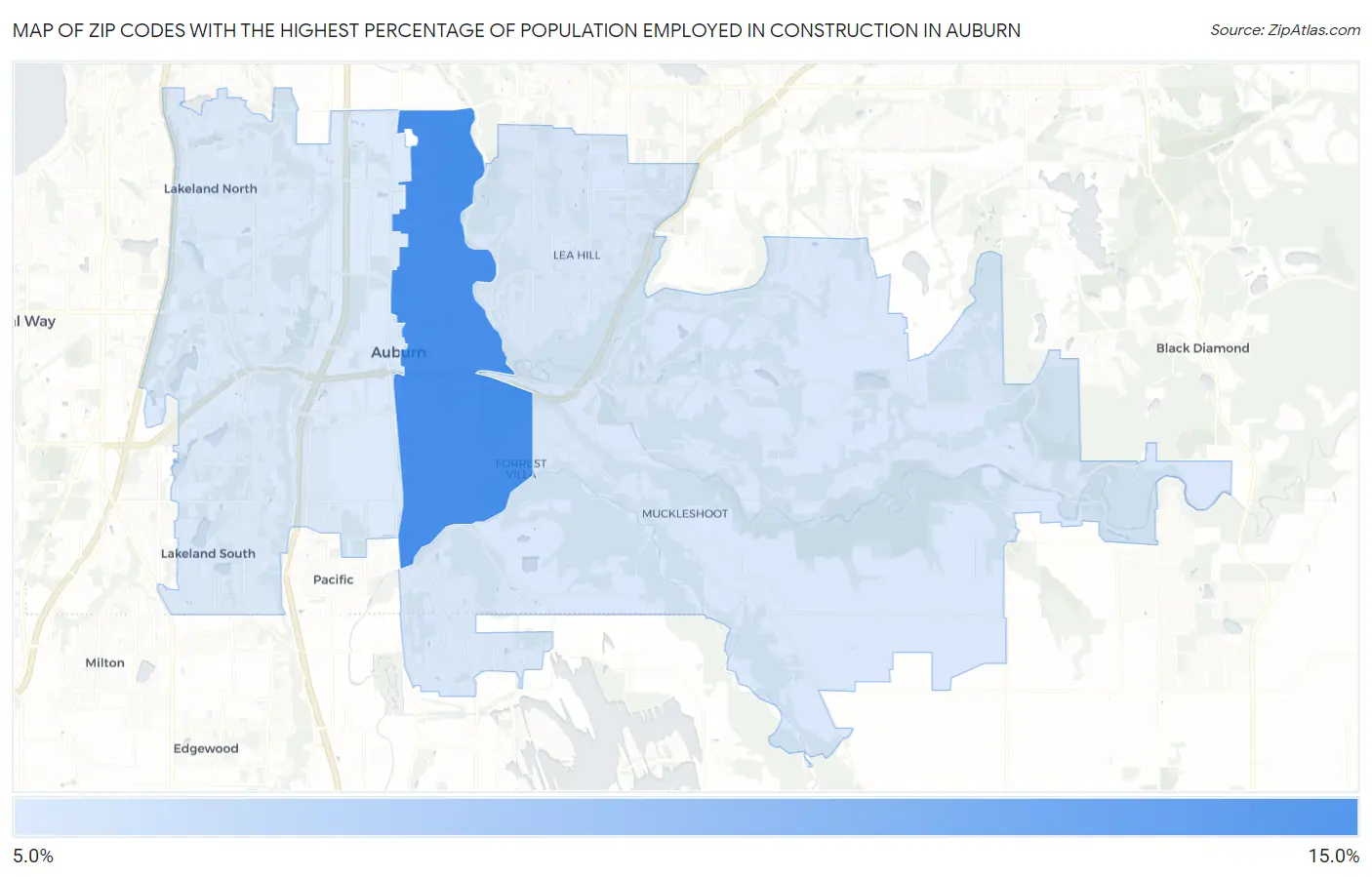 Zip Codes with the Highest Percentage of Population Employed in Construction in Auburn Map