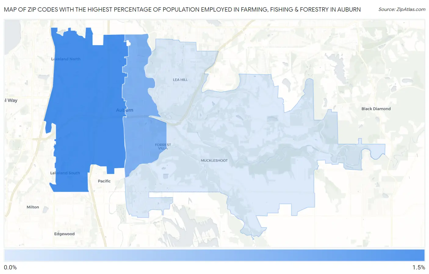 Zip Codes with the Highest Percentage of Population Employed in Farming, Fishing & Forestry in Auburn Map