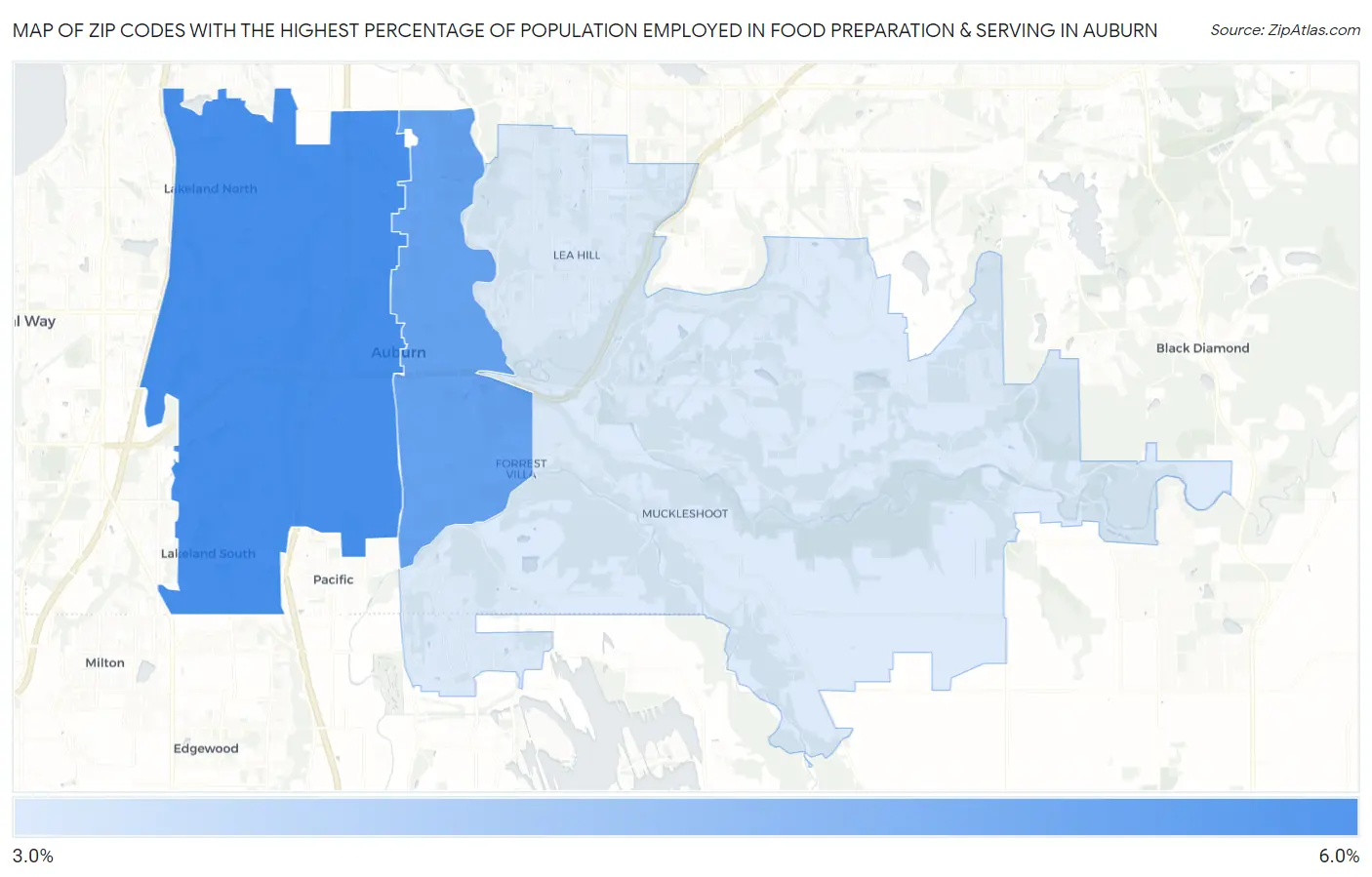 Zip Codes with the Highest Percentage of Population Employed in Food Preparation & Serving in Auburn Map