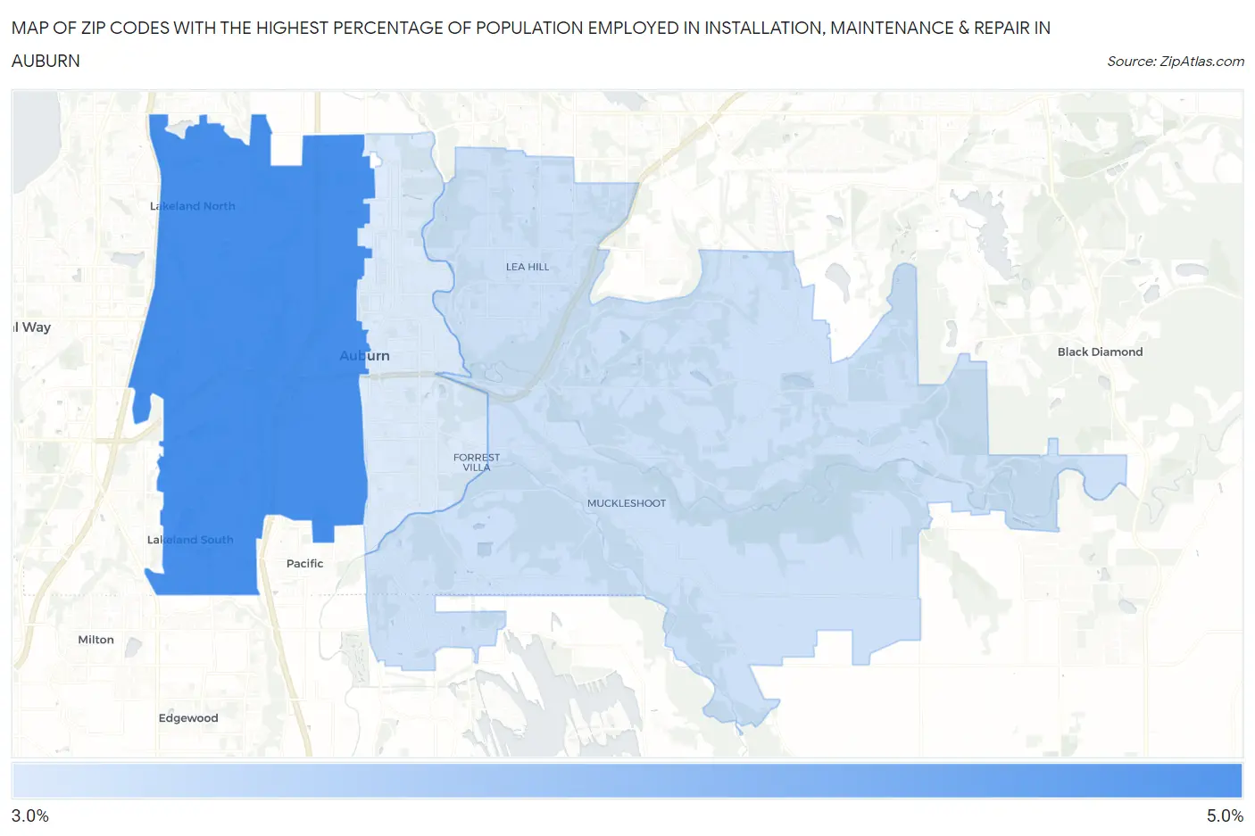 Zip Codes with the Highest Percentage of Population Employed in Installation, Maintenance & Repair in Auburn Map
