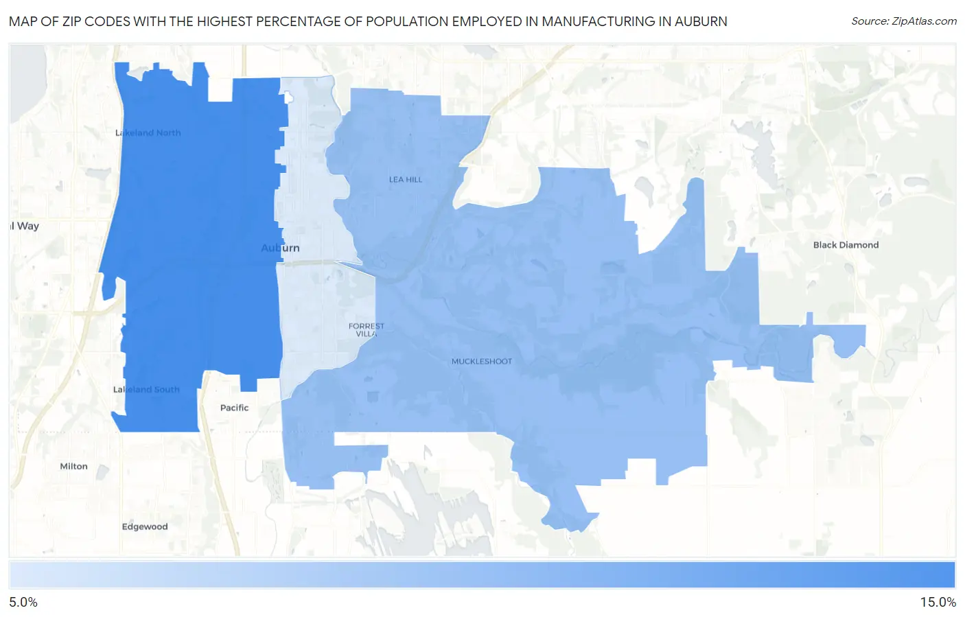 Zip Codes with the Highest Percentage of Population Employed in Manufacturing in Auburn Map