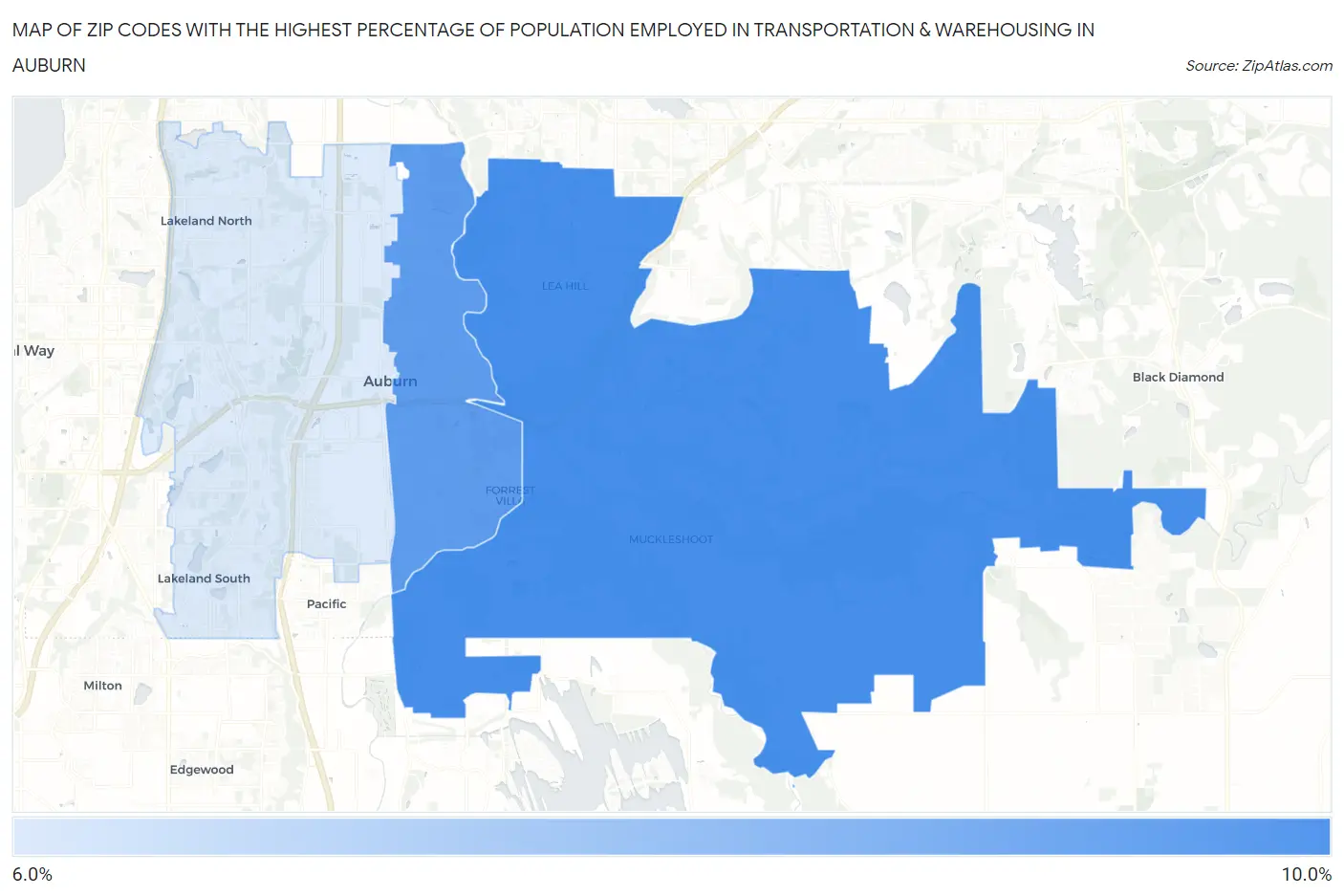 Zip Codes with the Highest Percentage of Population Employed in Transportation & Warehousing in Auburn Map