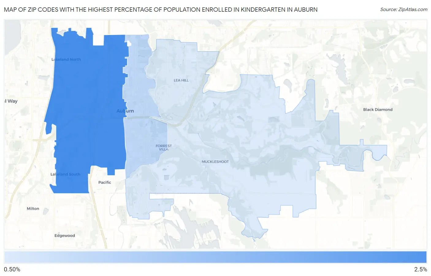 Zip Codes with the Highest Percentage of Population Enrolled in Kindergarten in Auburn Map