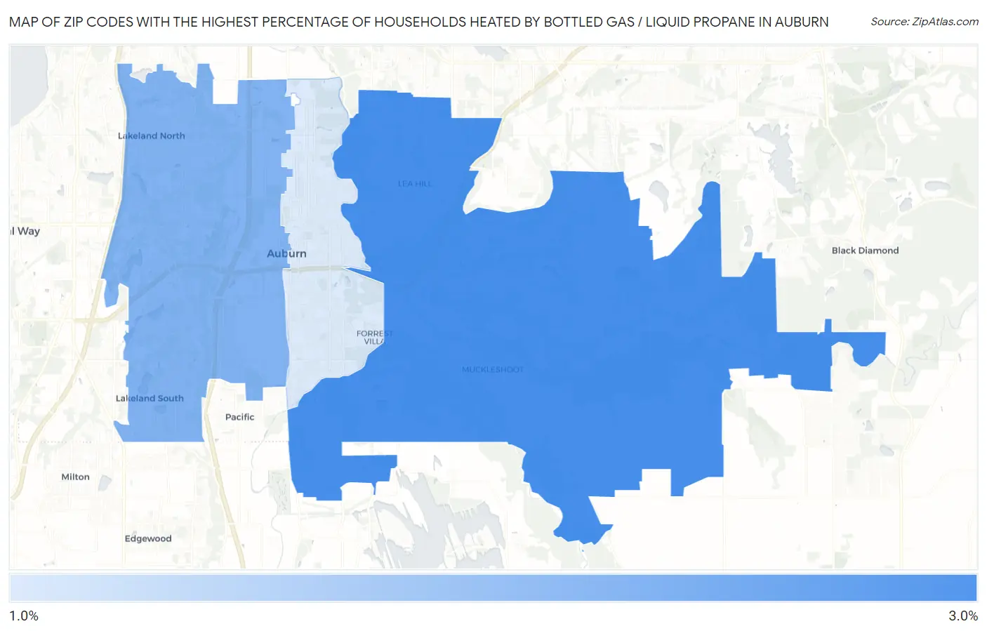 Zip Codes with the Highest Percentage of Households Heated by Bottled Gas / Liquid Propane in Auburn Map