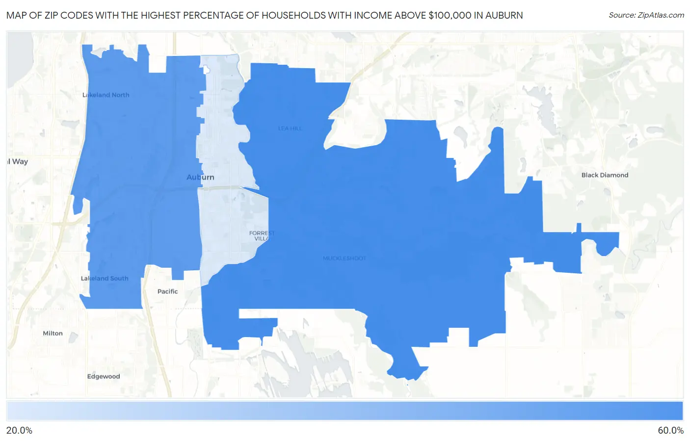Zip Codes with the Highest Percentage of Households with Income Above $100,000 in Auburn Map