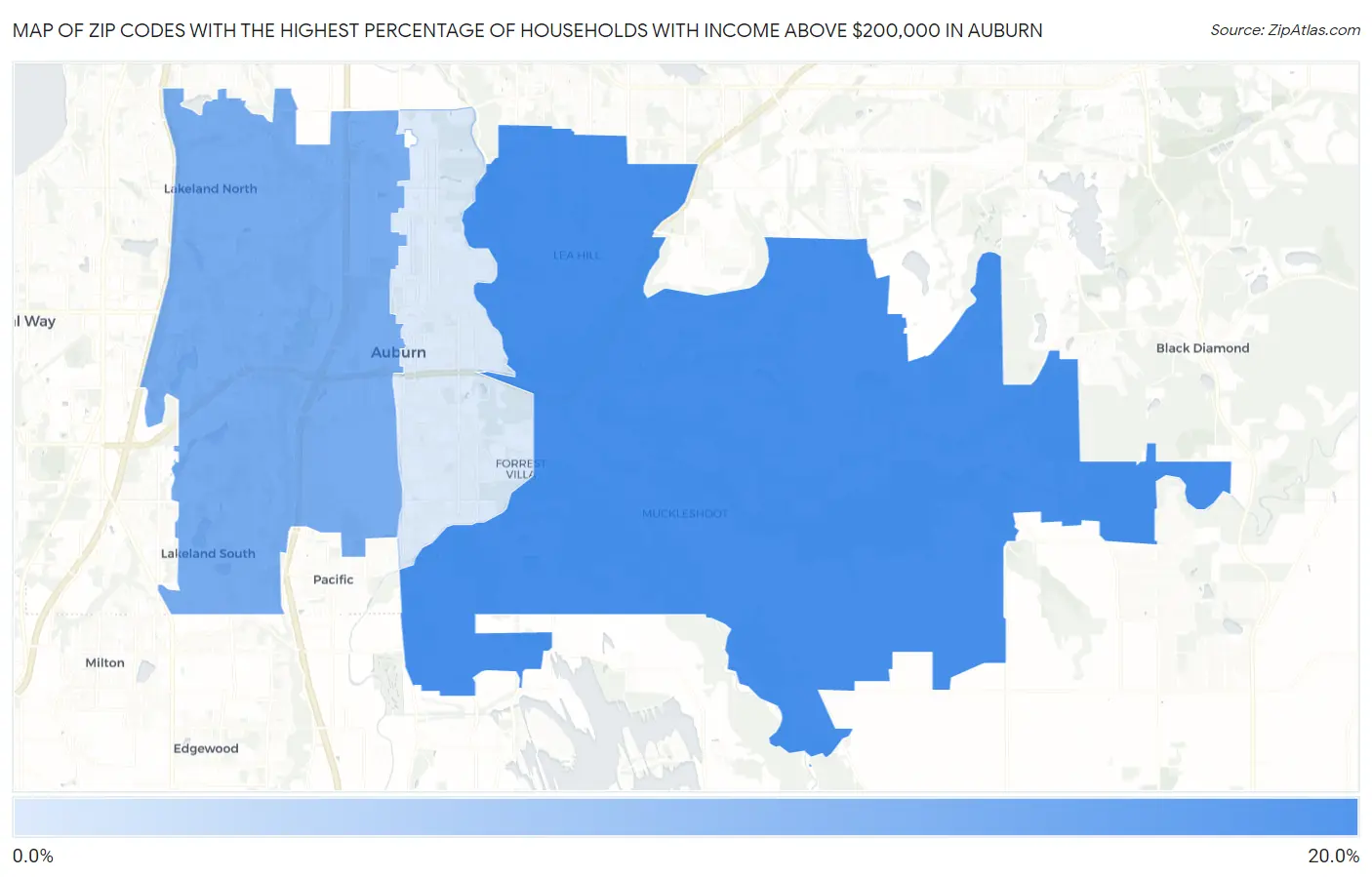 Zip Codes with the Highest Percentage of Households with Income Above $200,000 in Auburn Map