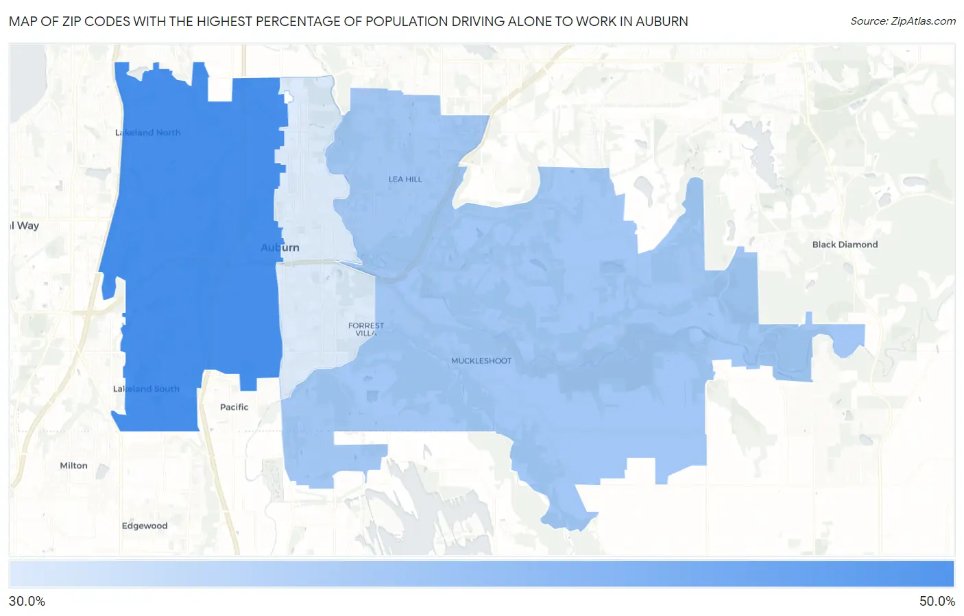Zip Codes with the Highest Percentage of Population Driving Alone to Work in Auburn Map