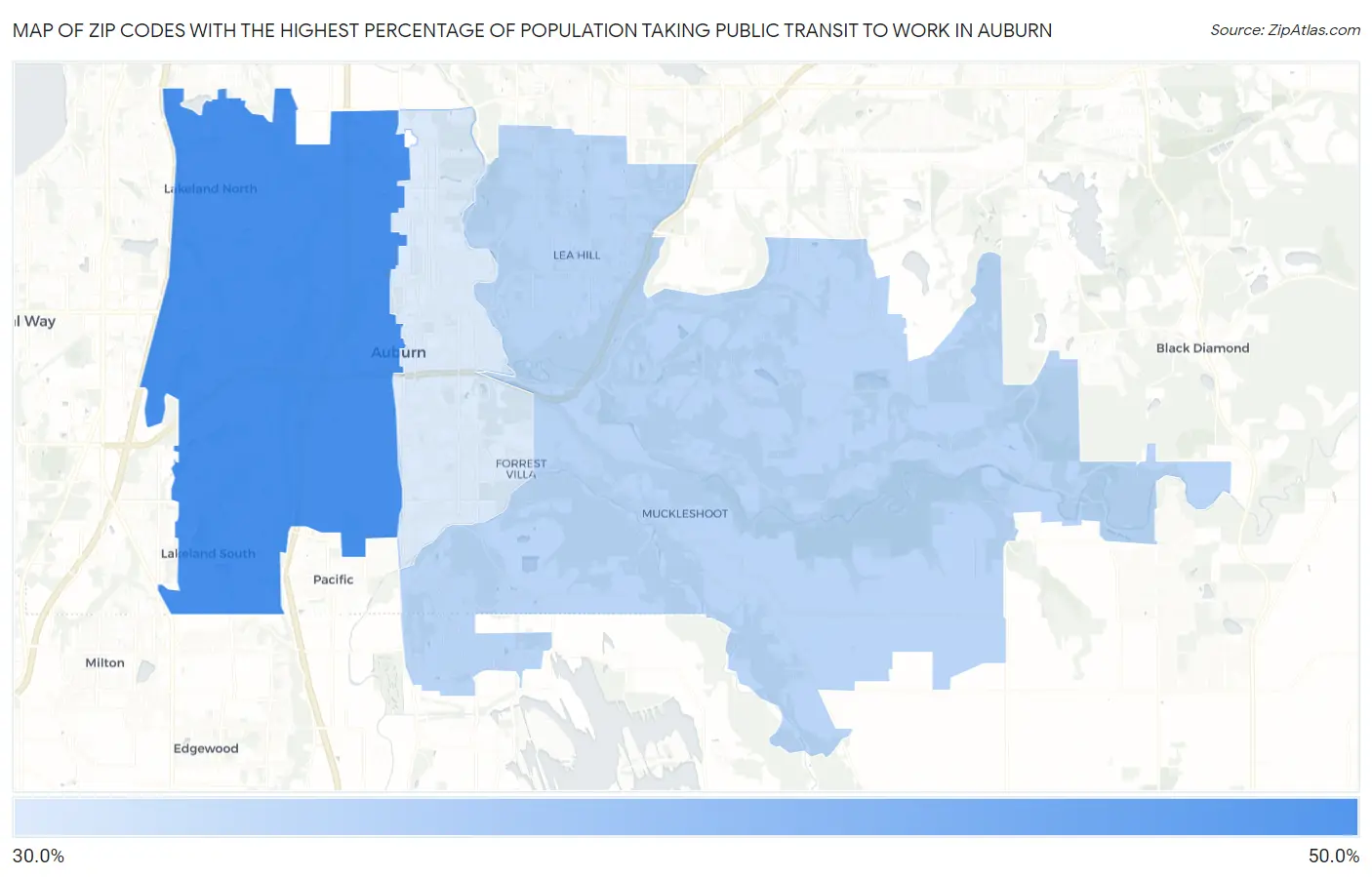 Zip Codes with the Highest Percentage of Population Taking Public Transit to Work in Auburn Map