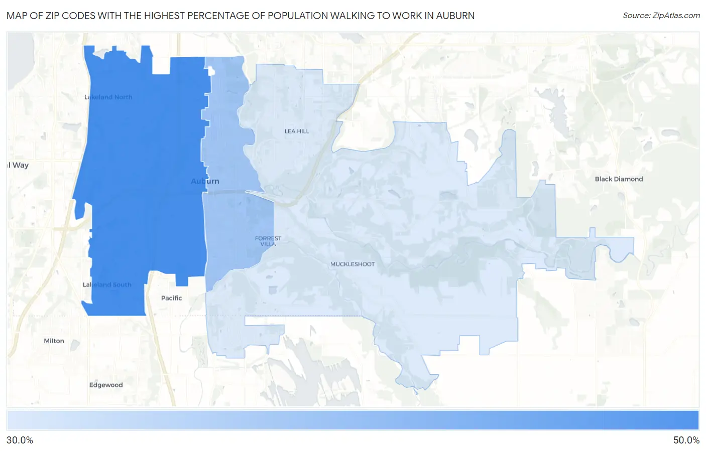Zip Codes with the Highest Percentage of Population Walking to Work in Auburn Map