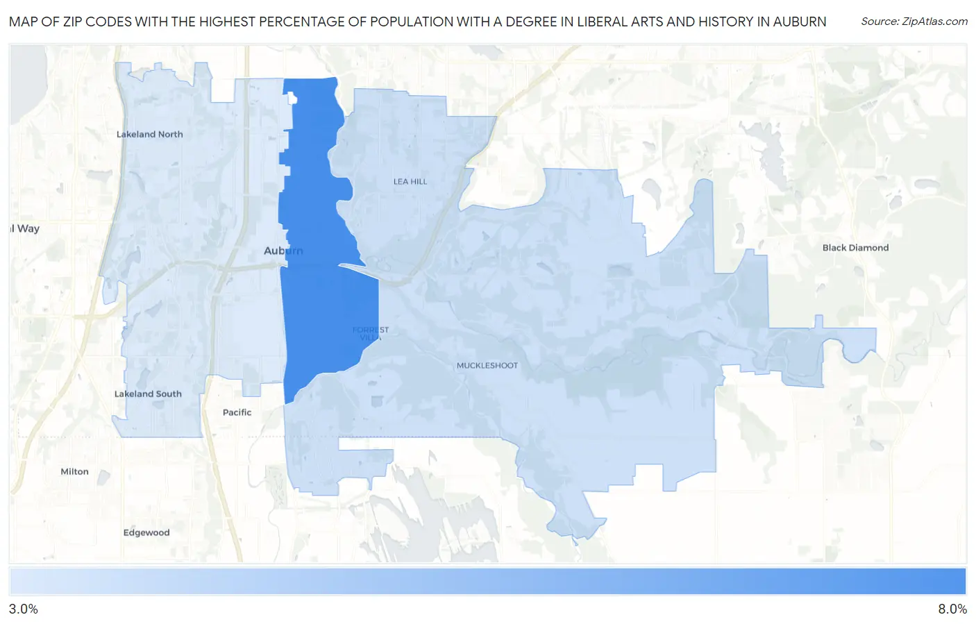 Zip Codes with the Highest Percentage of Population with a Degree in Liberal Arts and History in Auburn Map