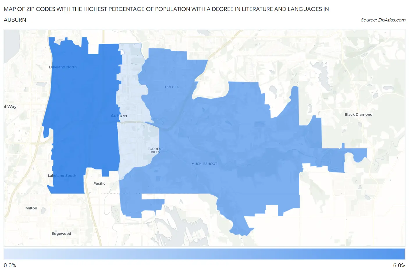 Zip Codes with the Highest Percentage of Population with a Degree in Literature and Languages in Auburn Map