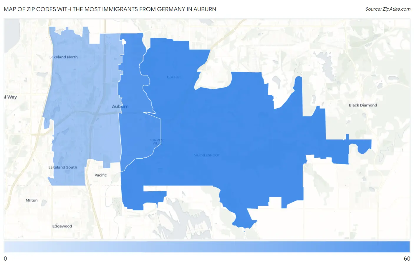 Zip Codes with the Most Immigrants from Germany in Auburn Map