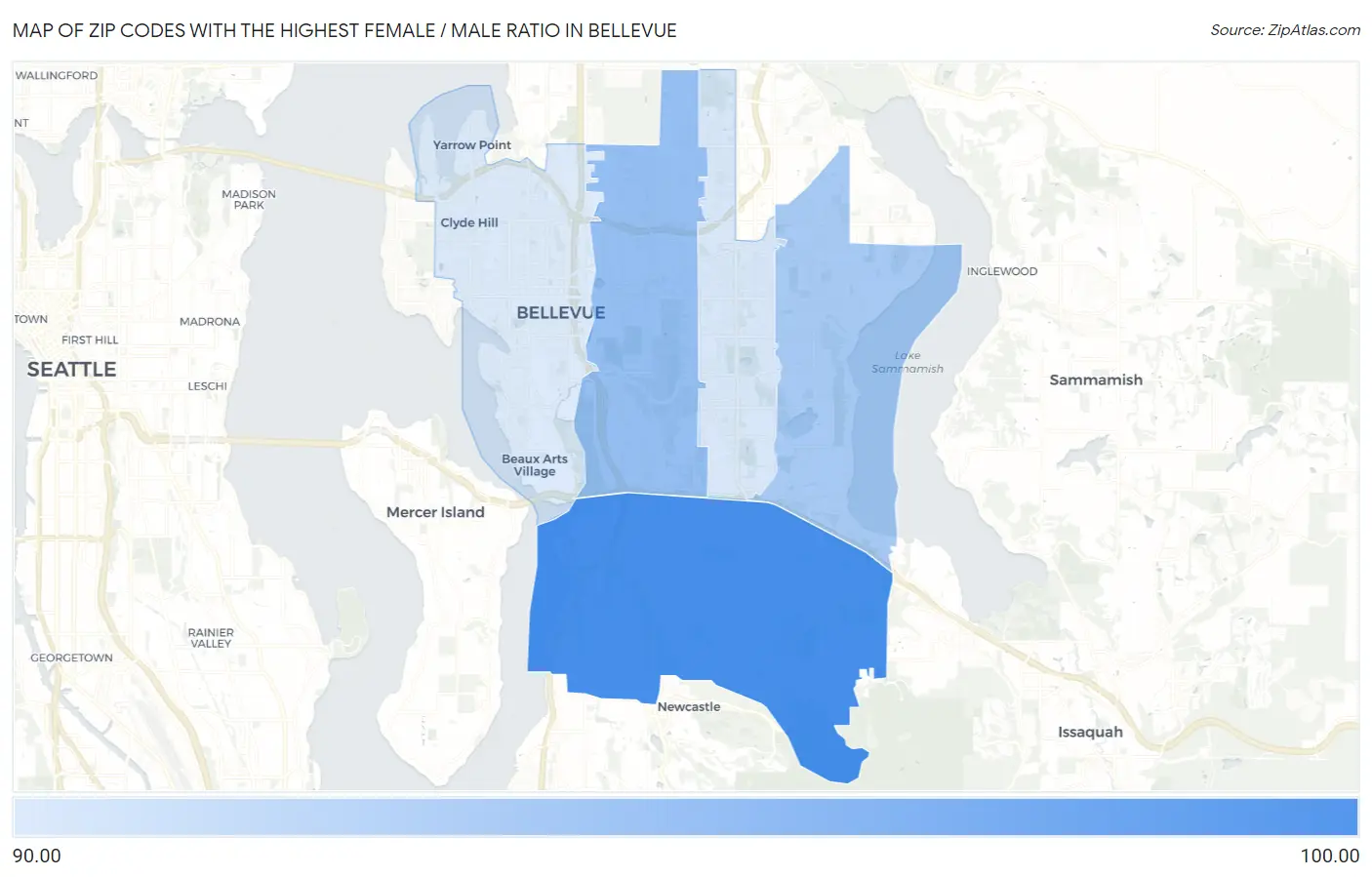 Zip Codes with the Highest Female / Male Ratio in Bellevue Map