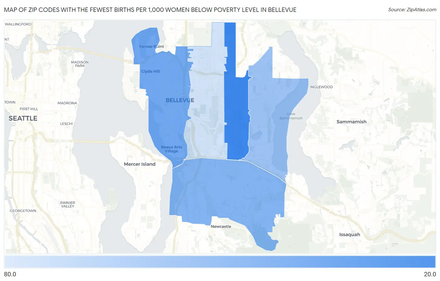 Zip Codes with the Fewest Births per 1,000 Women Below Poverty Level in Bellevue Map