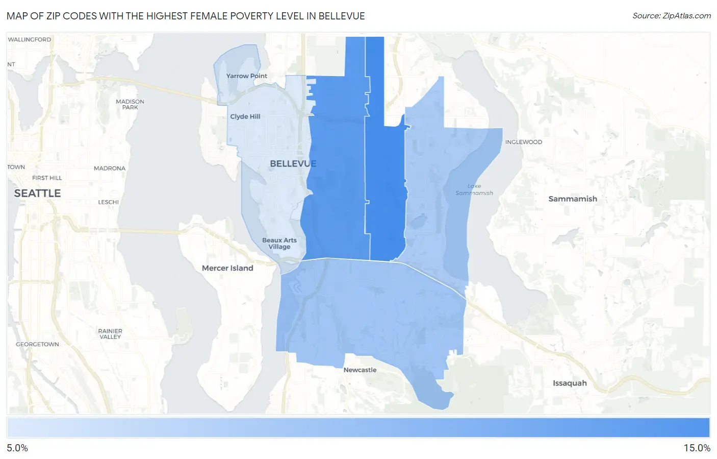 Zip Codes with the Highest Female Poverty Level in Bellevue Map