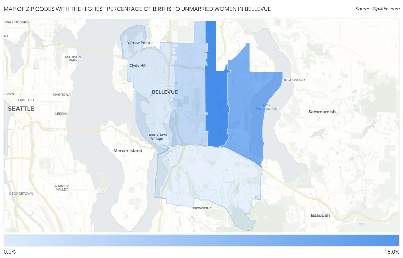 Zip Codes with the Highest Percentage of Births to Unmarried Women in Bellevue Map