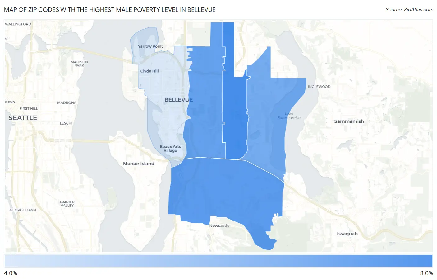 Zip Codes with the Highest Male Poverty Level in Bellevue Map