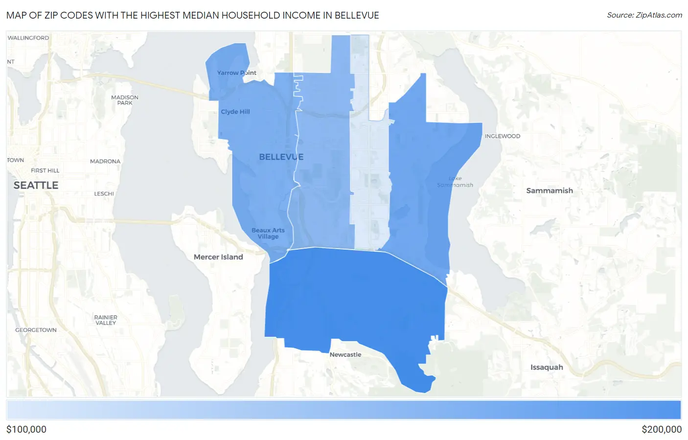 Zip Codes with the Highest Median Household Income in Bellevue Map